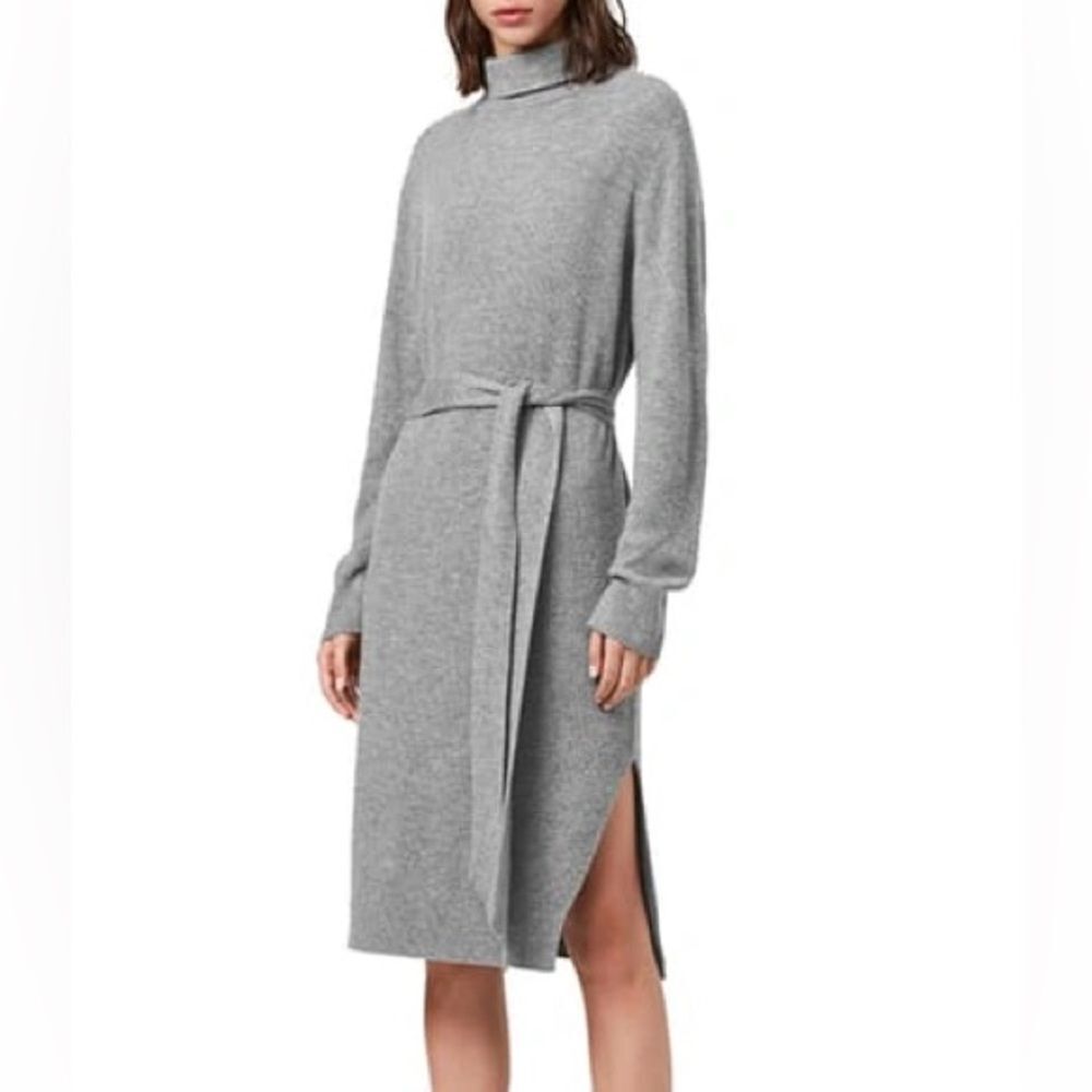AllSaints Roza Gray Wool Cashmere Turtleneck Belted Sweater Dress Small